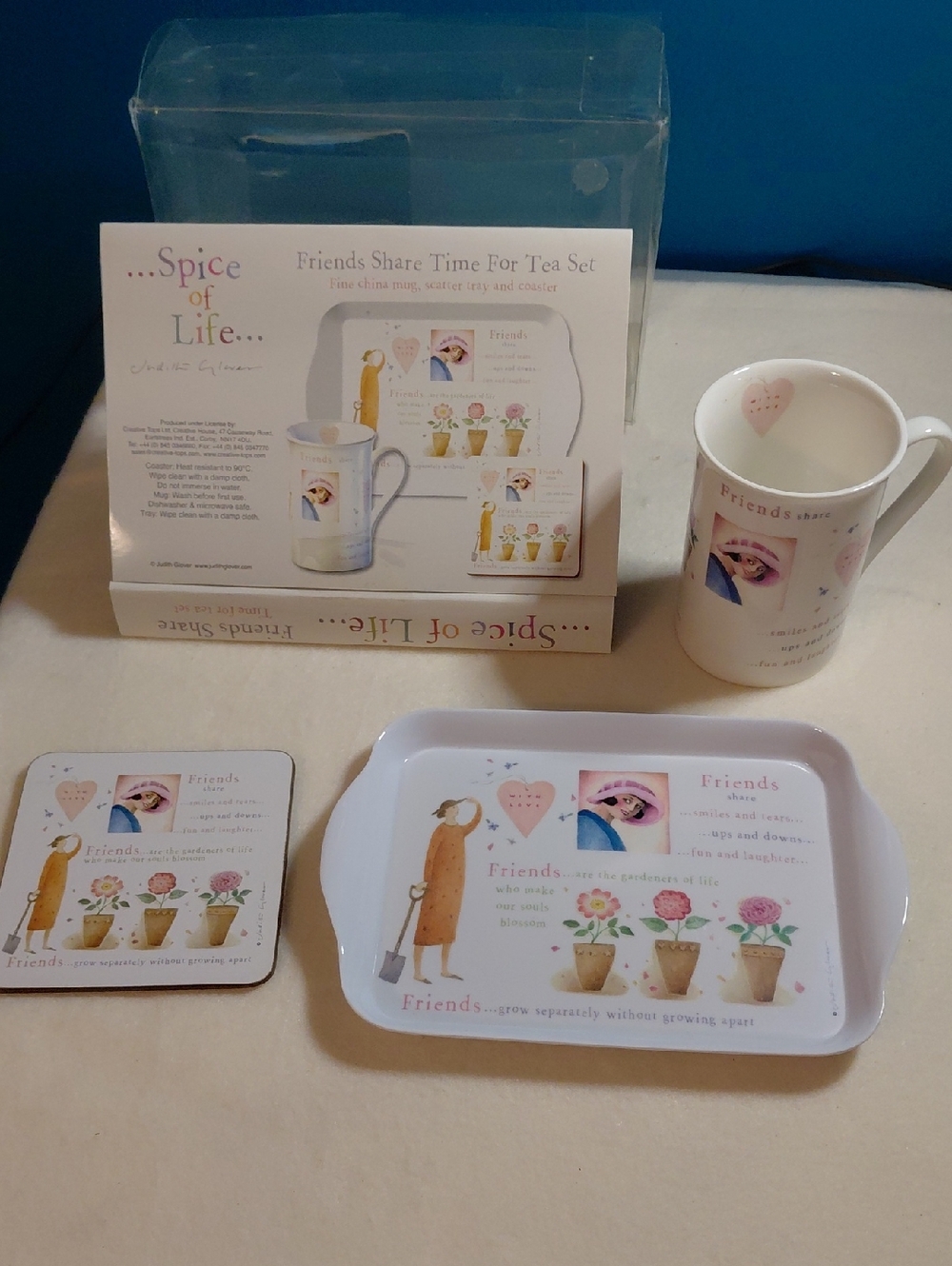 NWT Judith Glover,Spice of Life "Friends Share Time" 3pc. Tea Set - Pink & Cream